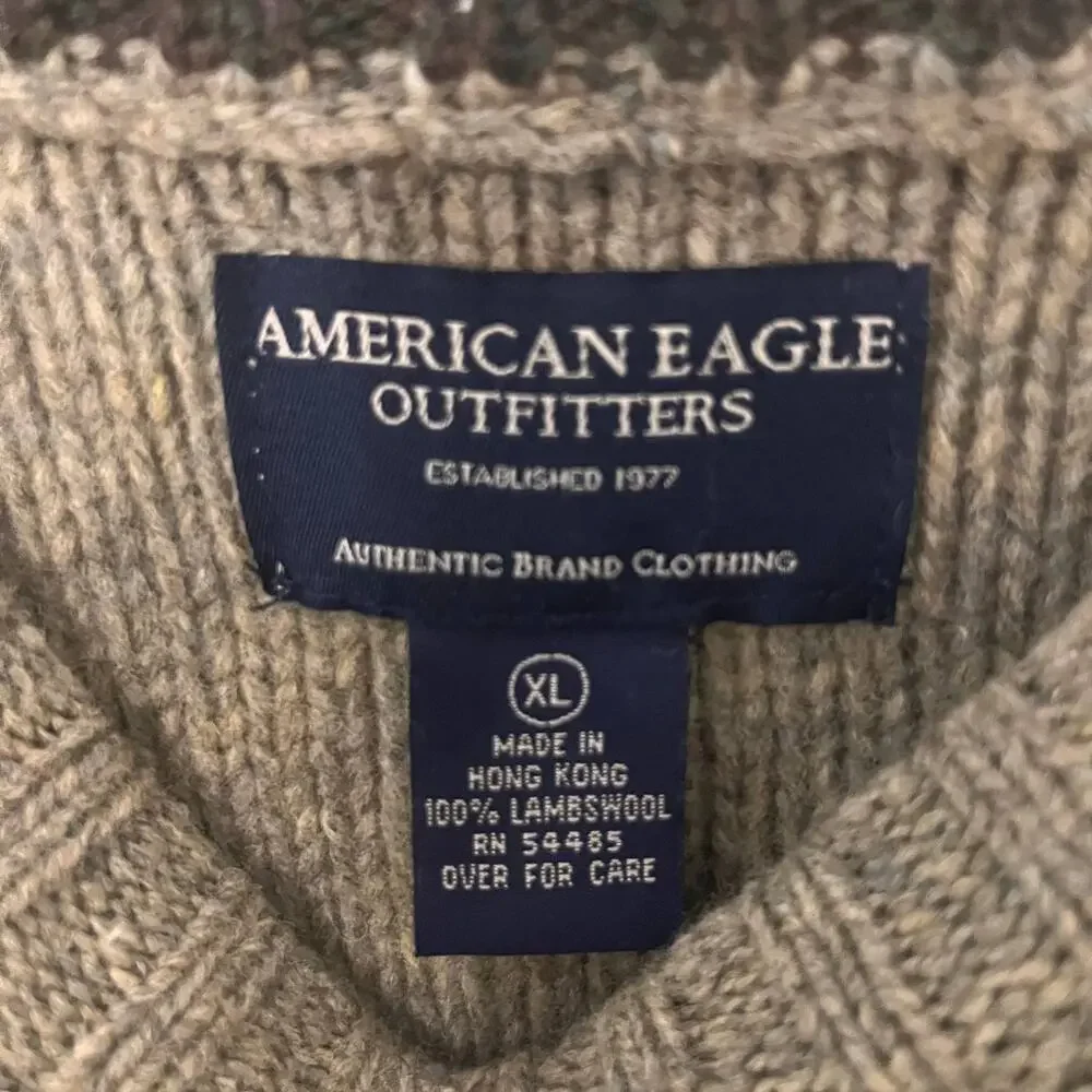 VTG American Eagle Lambswool Sweater Mens XL Beige Fair Isle Stripe Fisherman